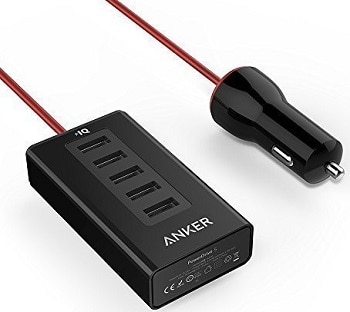 Anker 5-Port USB Car Charger with PowerIQ Technology for Apple iPhones and iPads, Android Smartphones and Tablets