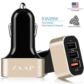 ZAAP® Three port Turbo USB Aluminium Car charger