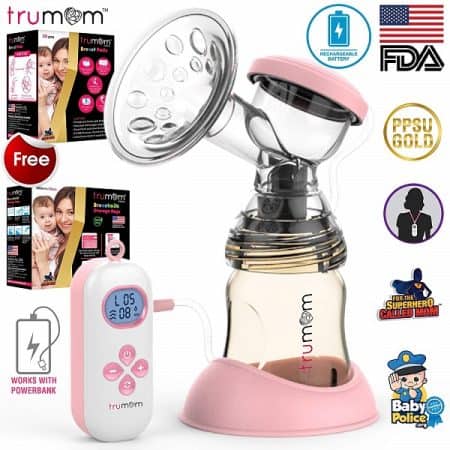 Trumom Advance Rechargeable Battery Electric Breast Milk Feeding Pump with PPSU Gold Bottle, Pink